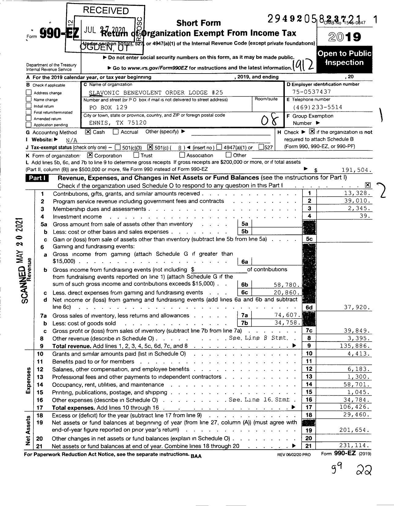 Image of first page of 2019 Form 990EO for Slavonic Benevolent Order of the State of Texas - 25