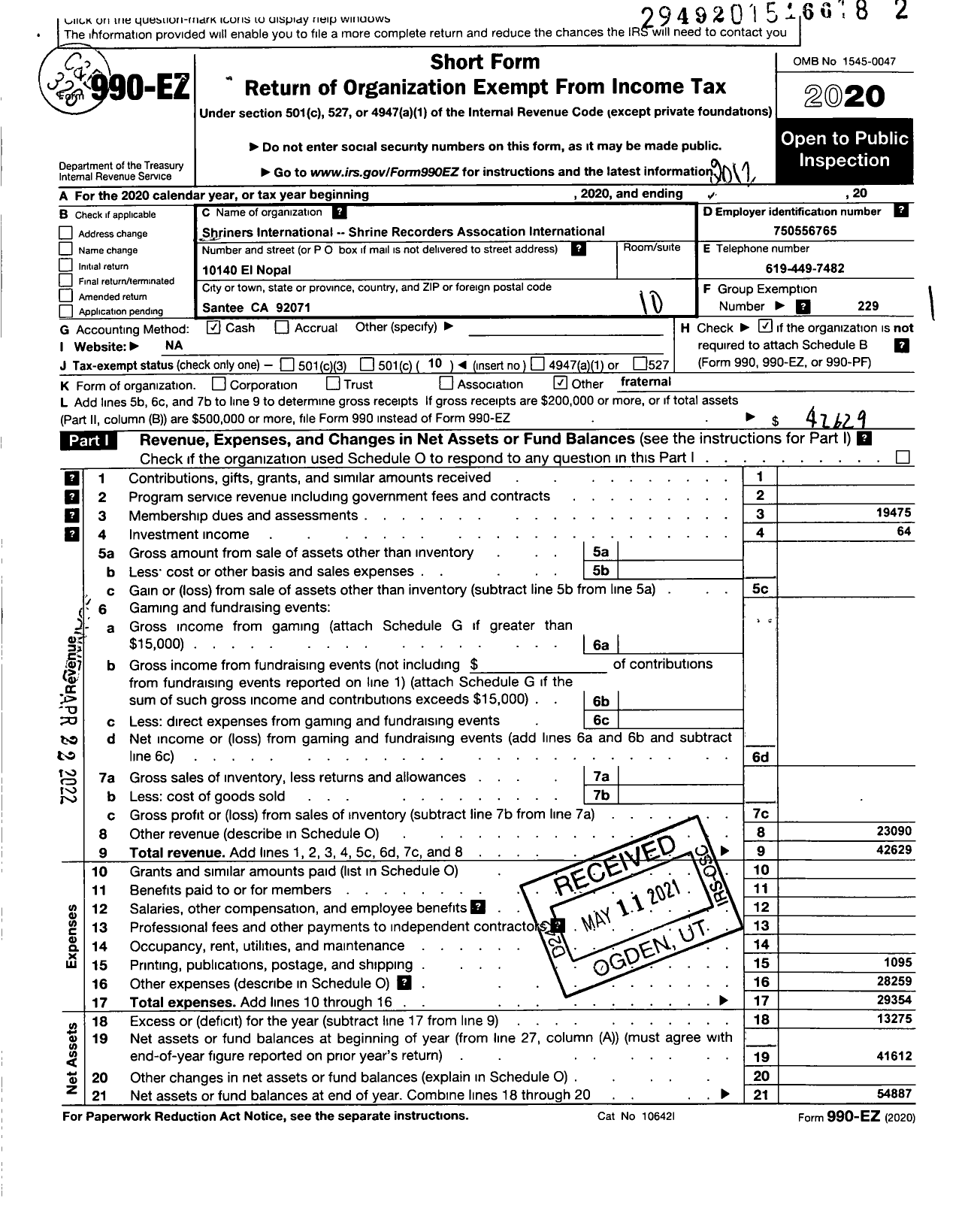 Image of first page of 2020 Form 990EO for Shrine Recorders Association International