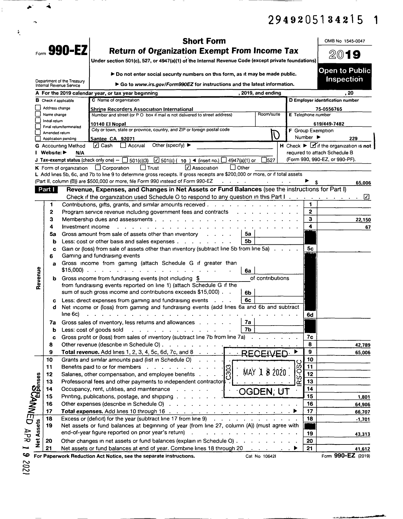Image of first page of 2019 Form 990EO for Shrine Recorders Association International