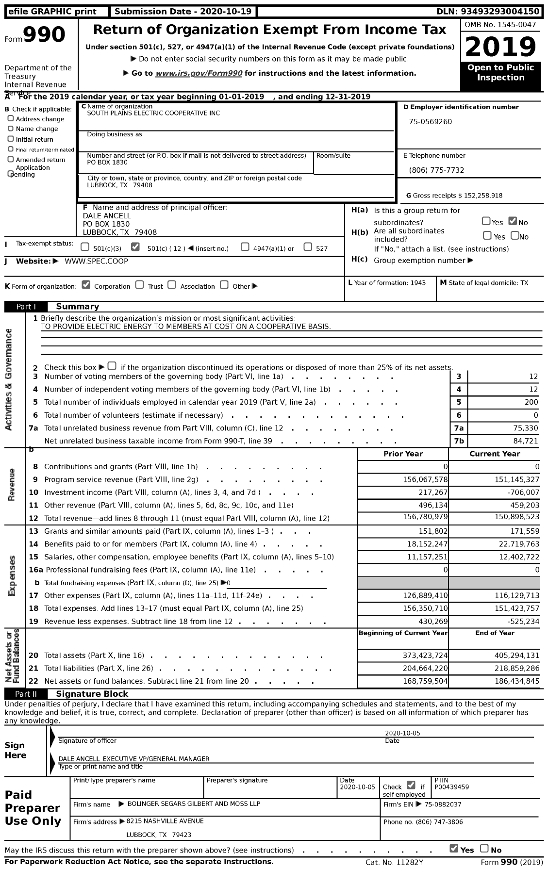 Image of first page of 2019 Form 990 for South Plains Electric Cooperative