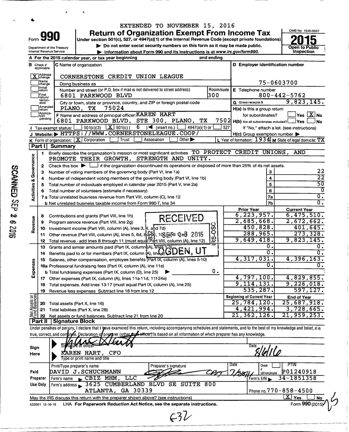 Image of first page of 2015 Form 990O for Cornerstone Credit Union League