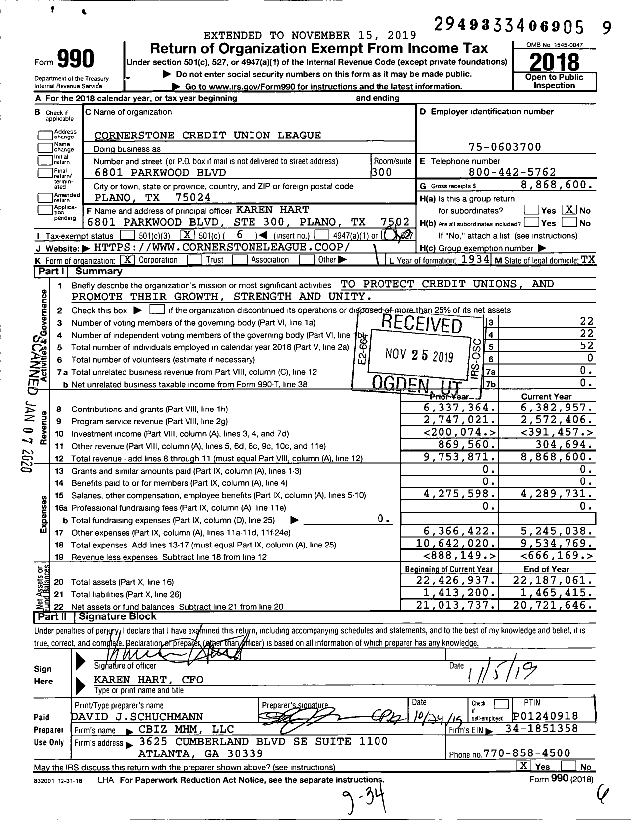 Image of first page of 2018 Form 990O for Cornerstone Credit Union League