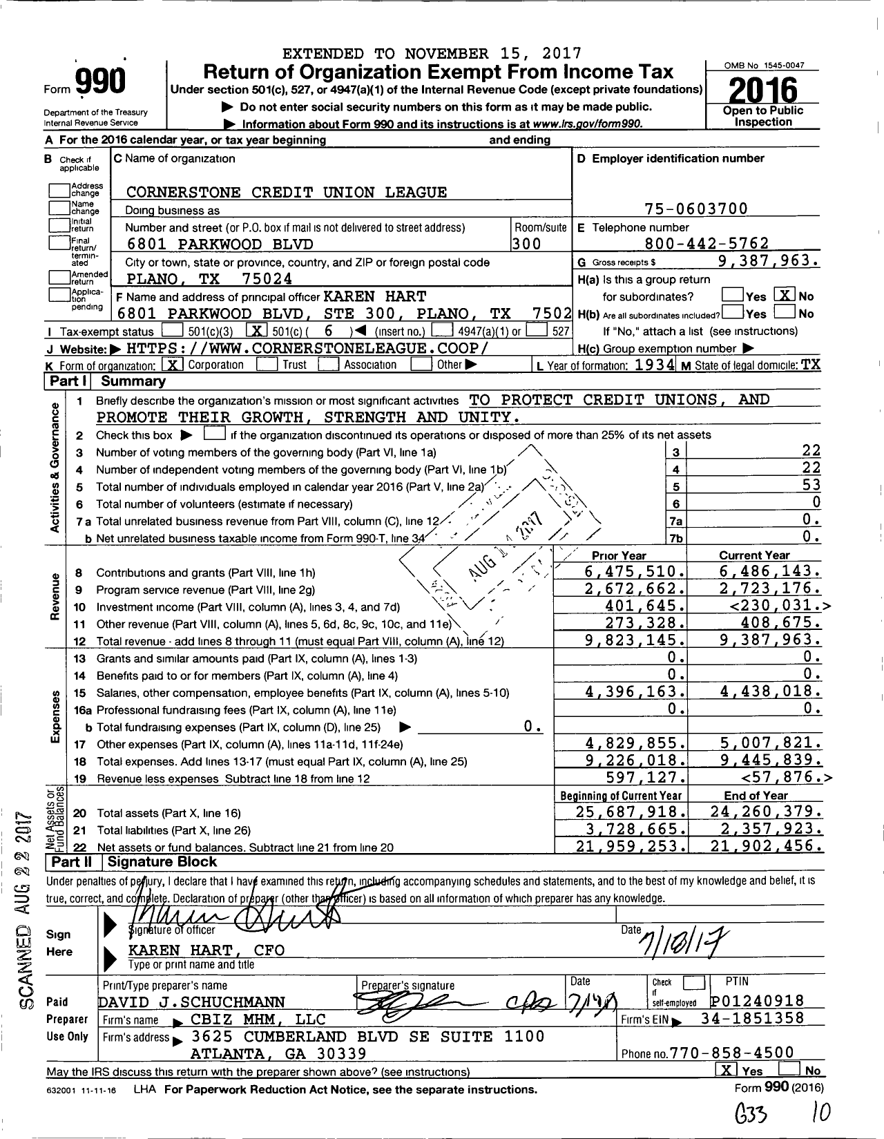 Image of first page of 2016 Form 990O for Cornerstone Credit Union League