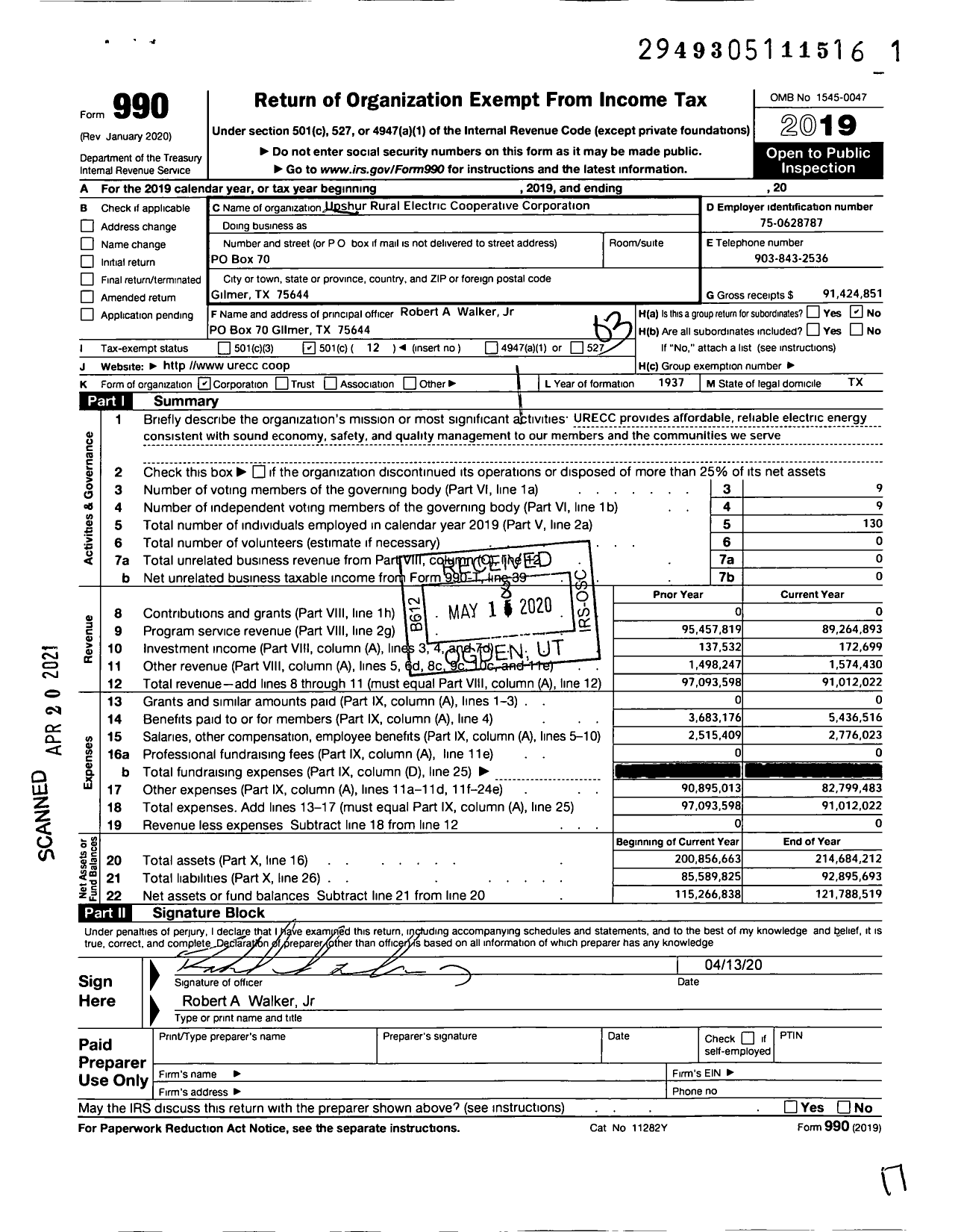 Image of first page of 2019 Form 990 for Upshur-Rural Electric Cooperative Corporation