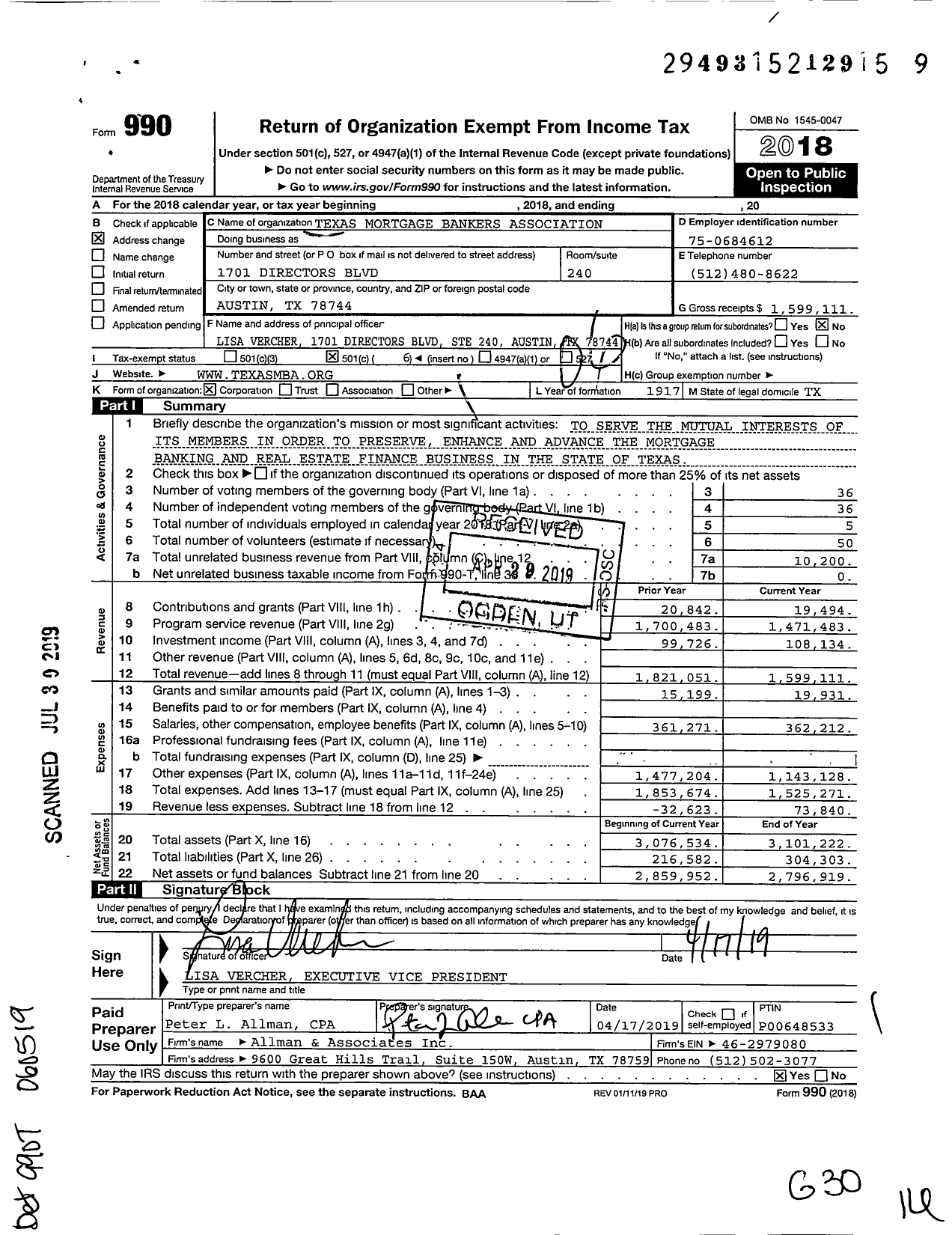 Image of first page of 2018 Form 990O for Texas Mortgage Bankers Association (TMBA)