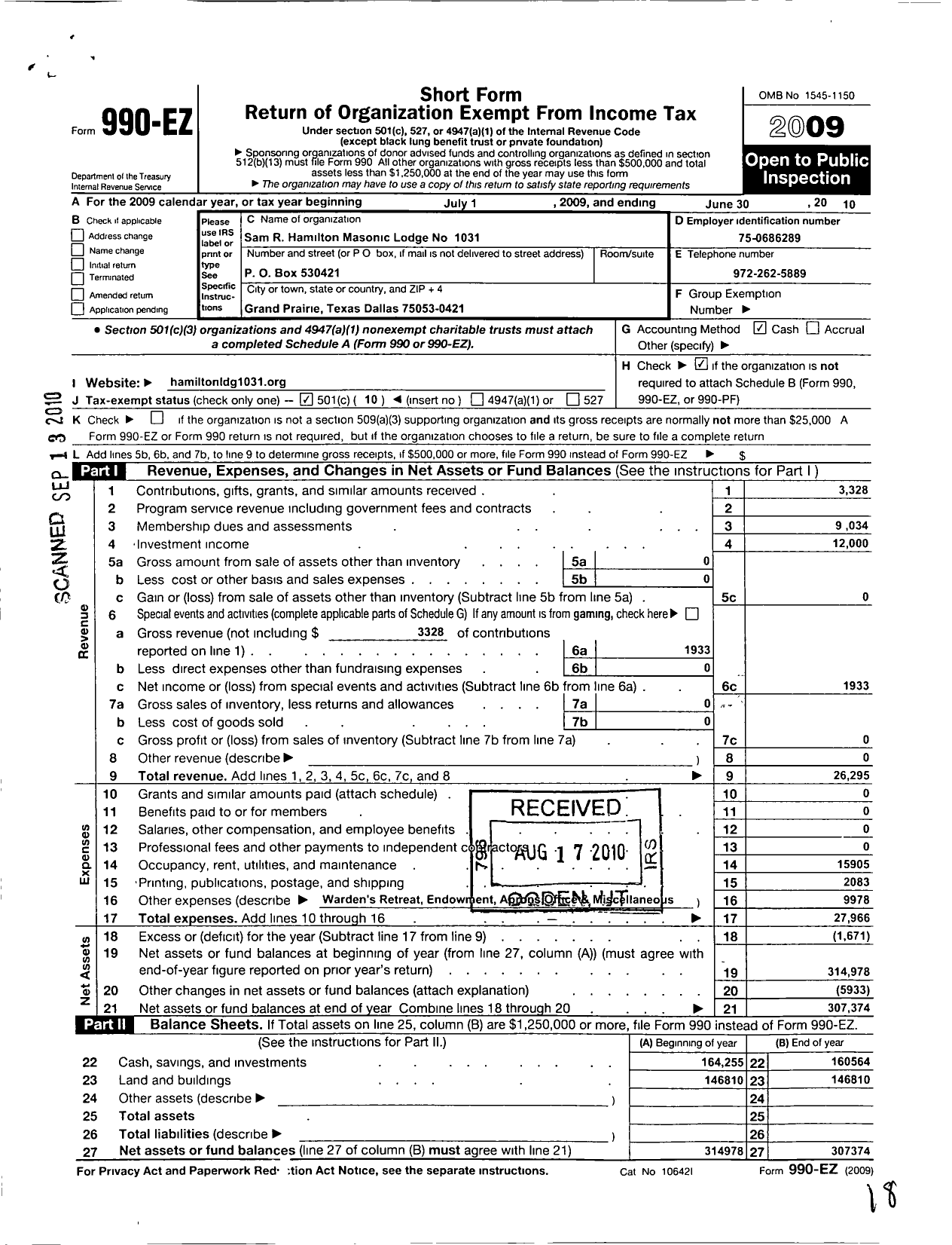 Image of first page of 2009 Form 990EO for Freemasons in Texas - 1031 Sam R Hamilton