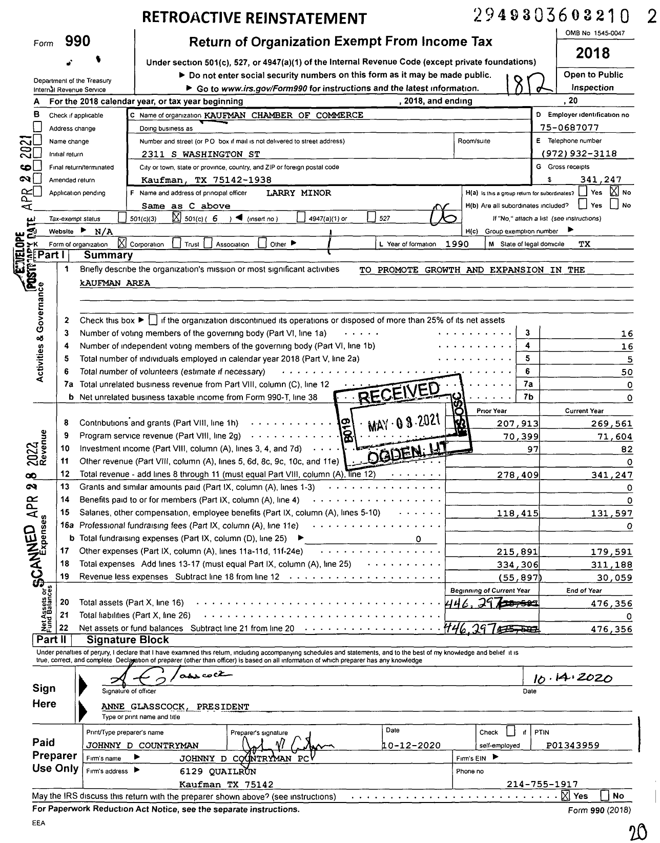 Image of first page of 2018 Form 990O for Kaufman Chamber of Commerce