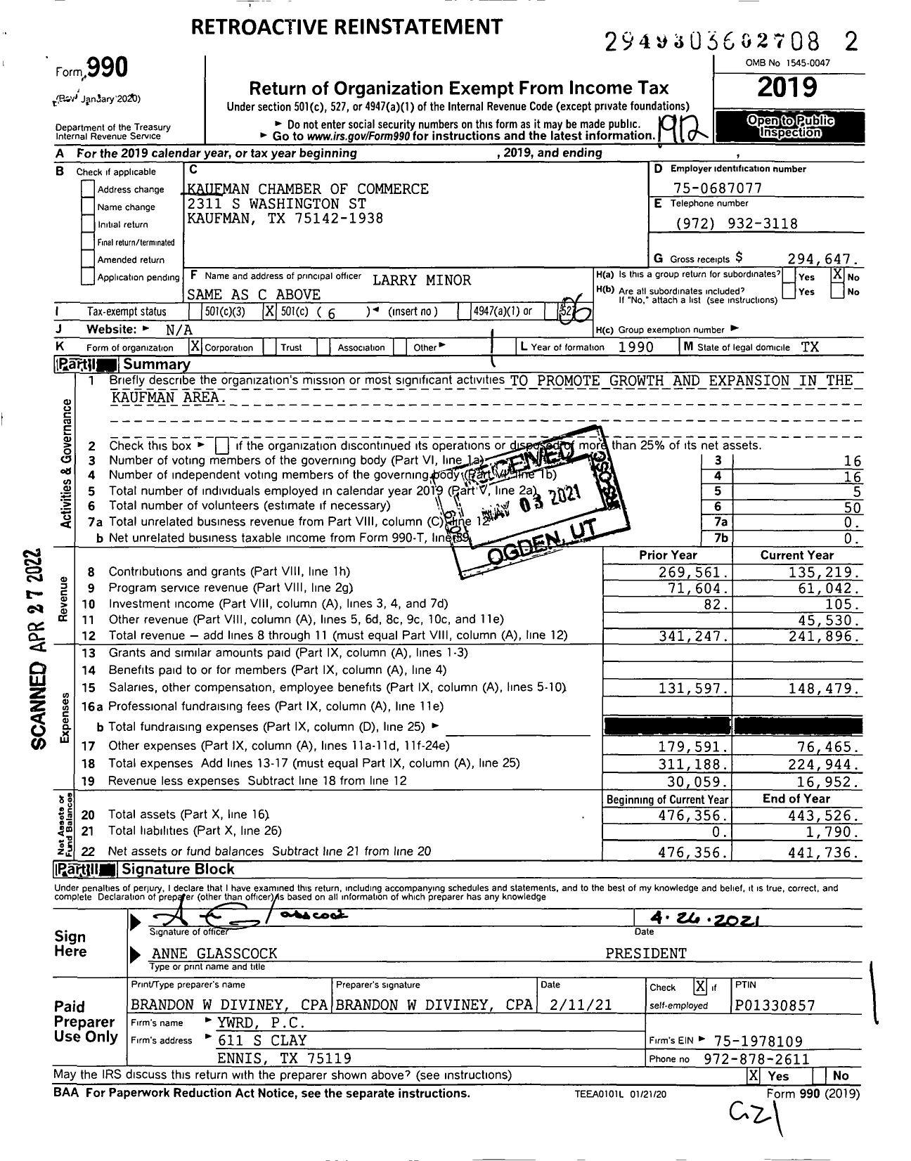 Image of first page of 2019 Form 990O for Kaufman Chamber of Commerce