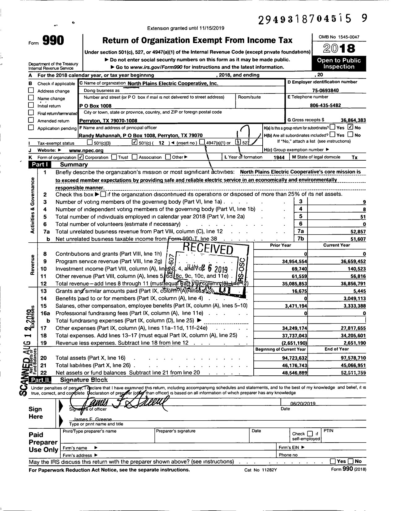 Image of first page of 2018 Form 990O for North Plains Electric Cooperative