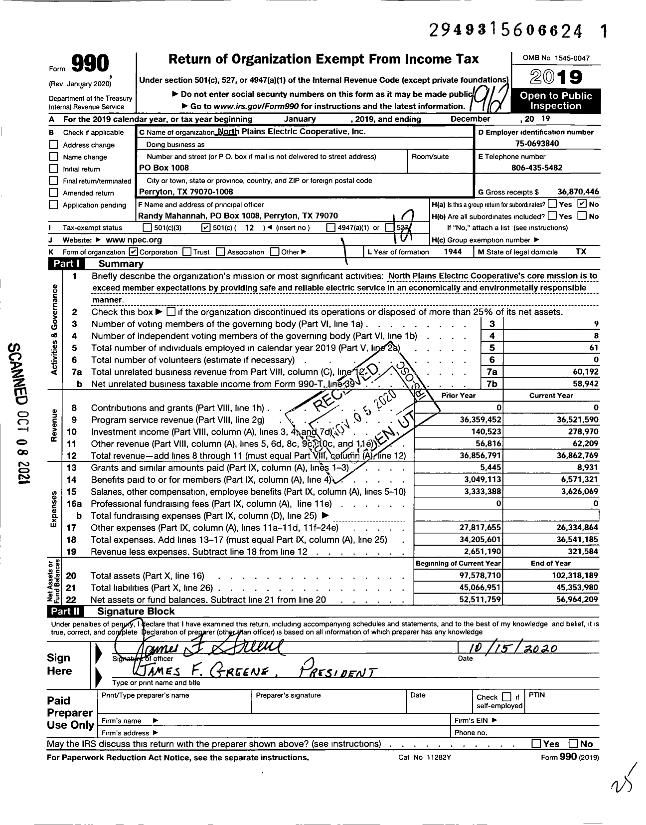 Image of first page of 2019 Form 990O for North Plains Electric Cooperative