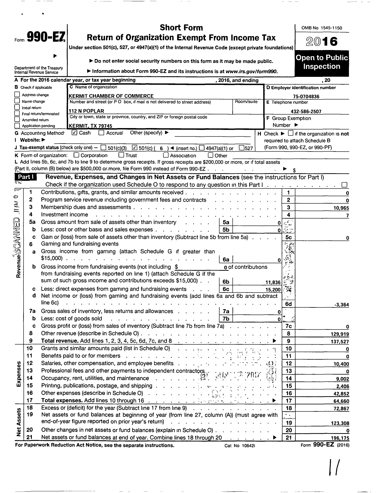 Image of first page of 2016 Form 990EO for Kermit Chamber of Commerce