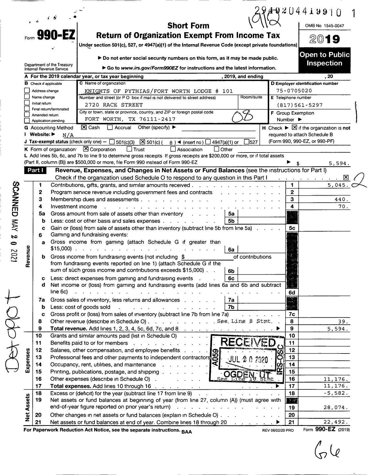 Image of first page of 2019 Form 990EO for Knights of Pythias Texas - 101 FT Worth