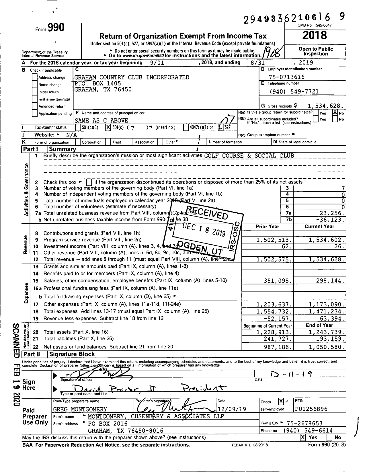 Image of first page of 2018 Form 990O for Graham Country Club Incorporated