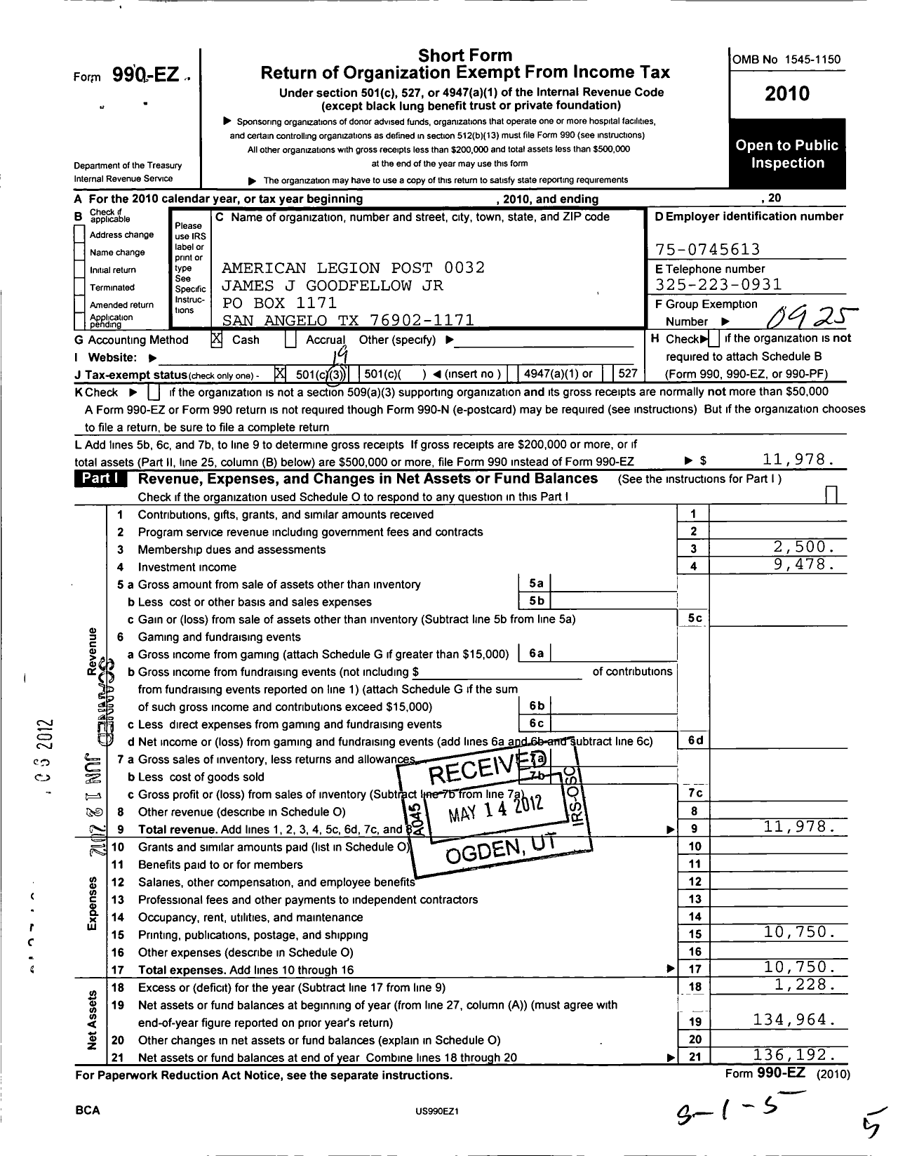 Image of first page of 2010 Form 990EO for American Legion - Post 0032 James J Goodfellow JR