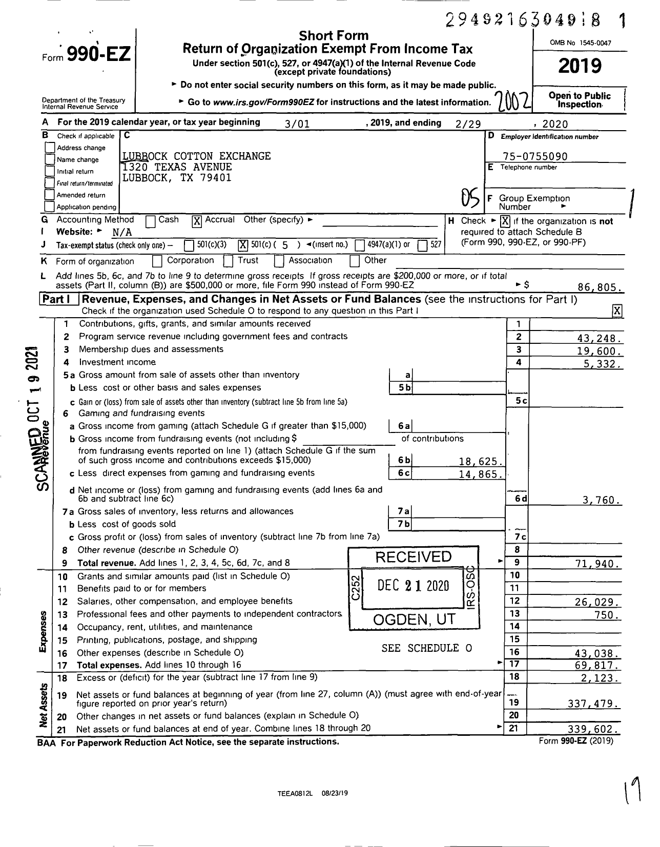 Image of first page of 2019 Form 990EO for Lubbock Cotton Exchange