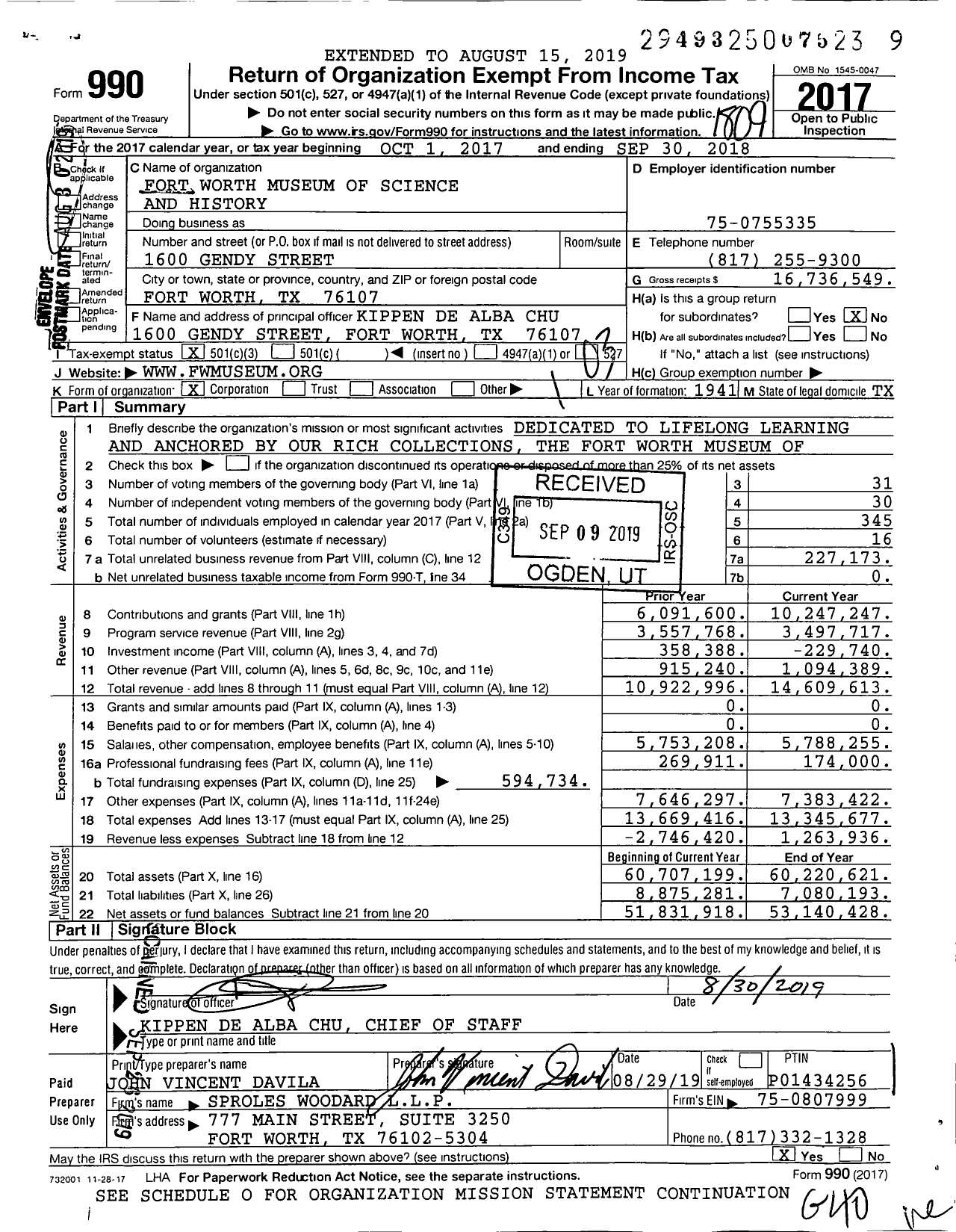 Image of first page of 2017 Form 990 for Fort Worth Museum of Science and History (FWMSH)