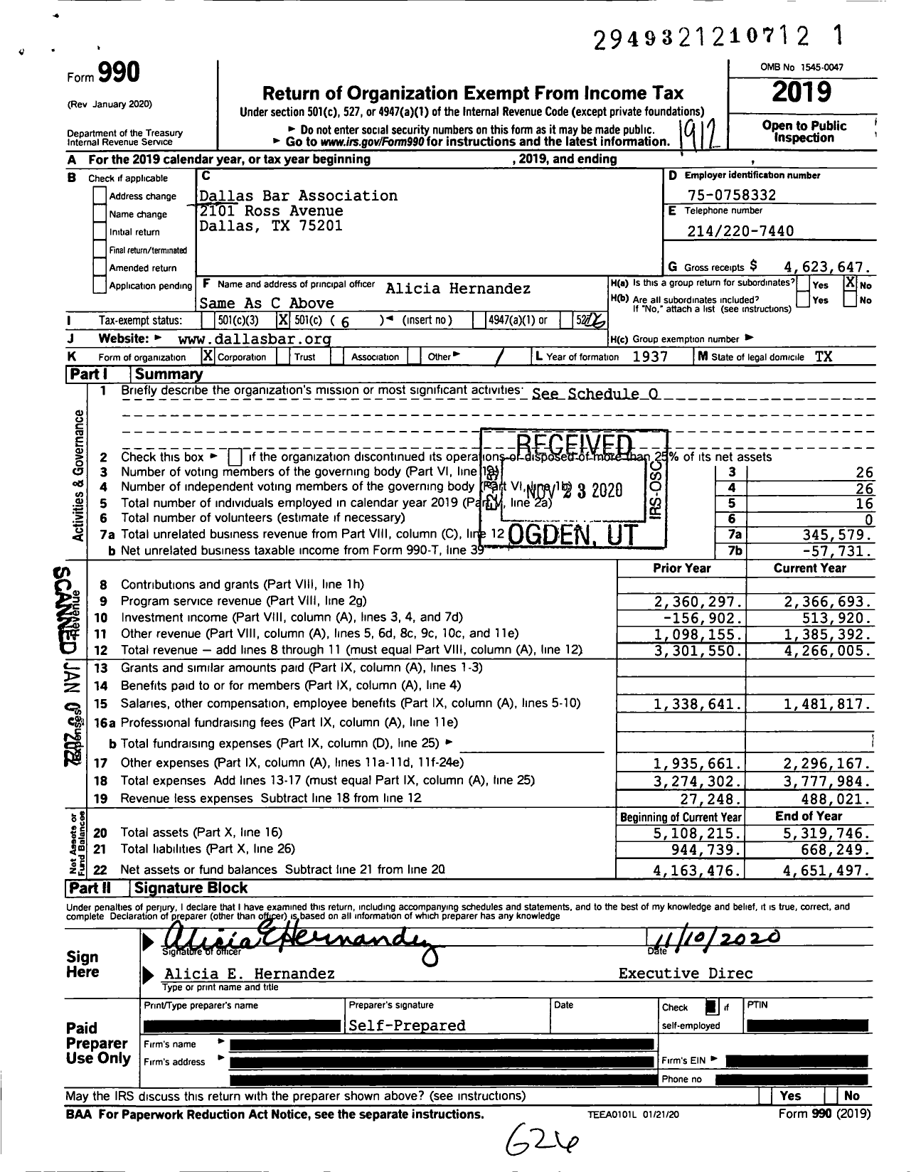 Image of first page of 2019 Form 990O for Dallas Bar Association