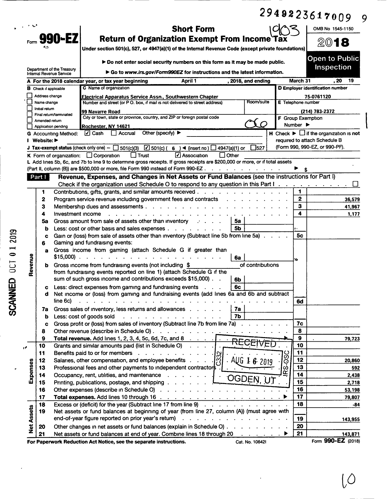 Image of first page of 2018 Form 990EO for ELECTRICAL APPARATUS SERVICE ASSOCIATION / Southwestern Chapter