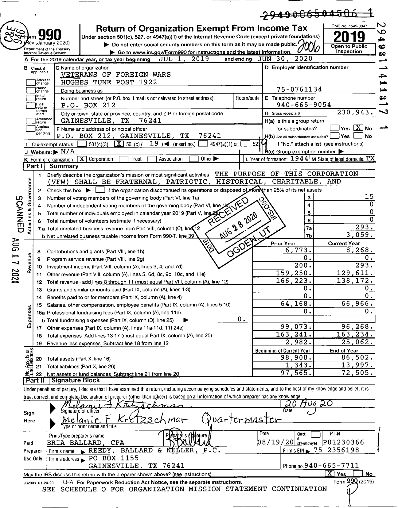 Image of first page of 2019 Form 990O for Texas VFW - 1922 Hughes Tune