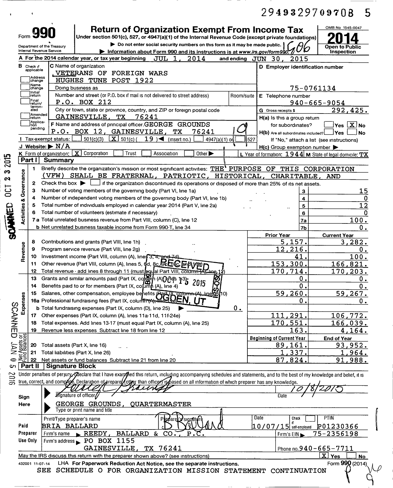 Image of first page of 2014 Form 990O for Texas VFW - 1922 Hughes Tune