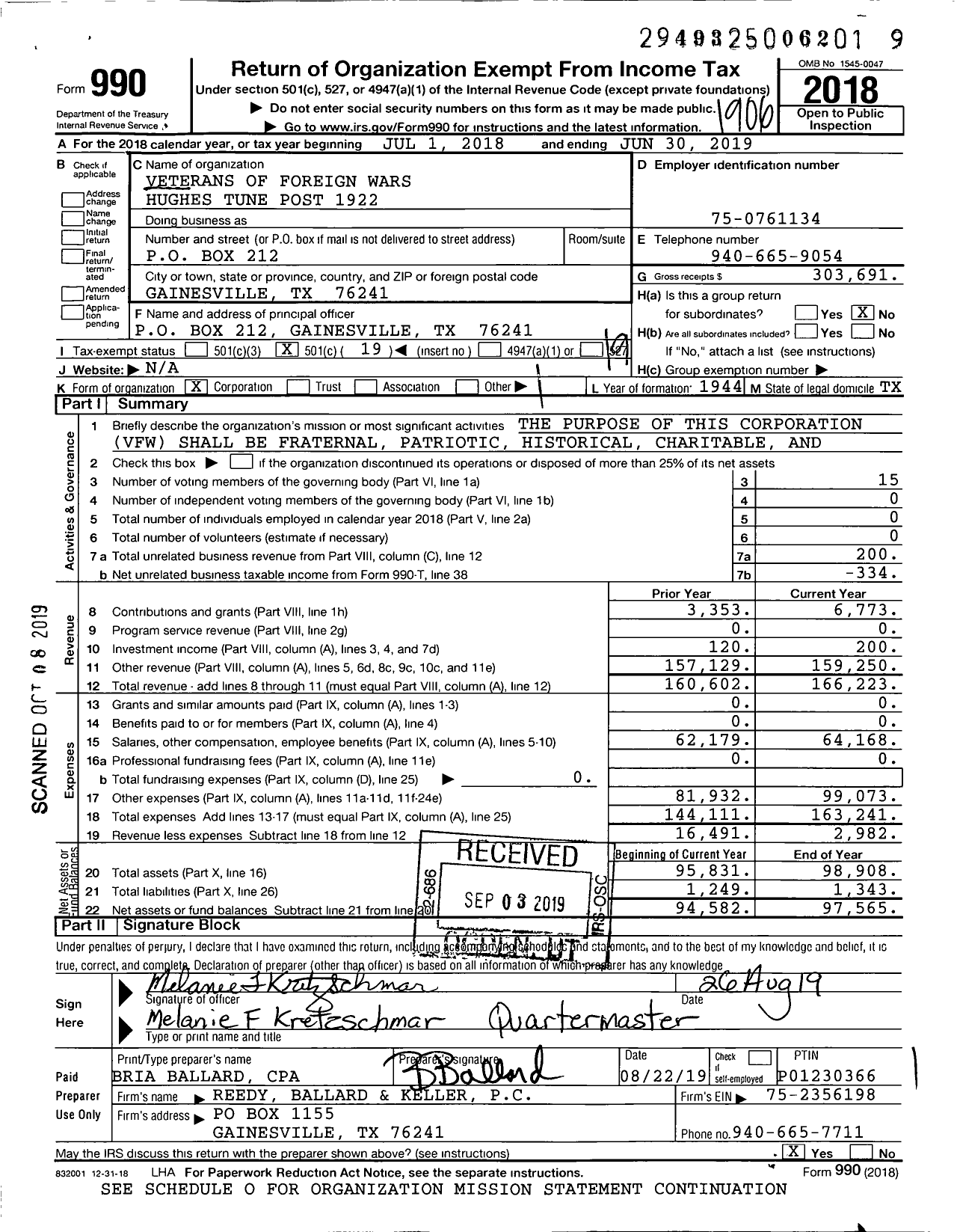 Image of first page of 2018 Form 990O for Texas VFW - 1922 Hughes Tune