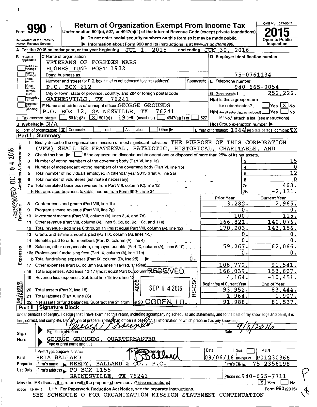 Image of first page of 2015 Form 990O for Texas VFW - 1922 Hughes Tune