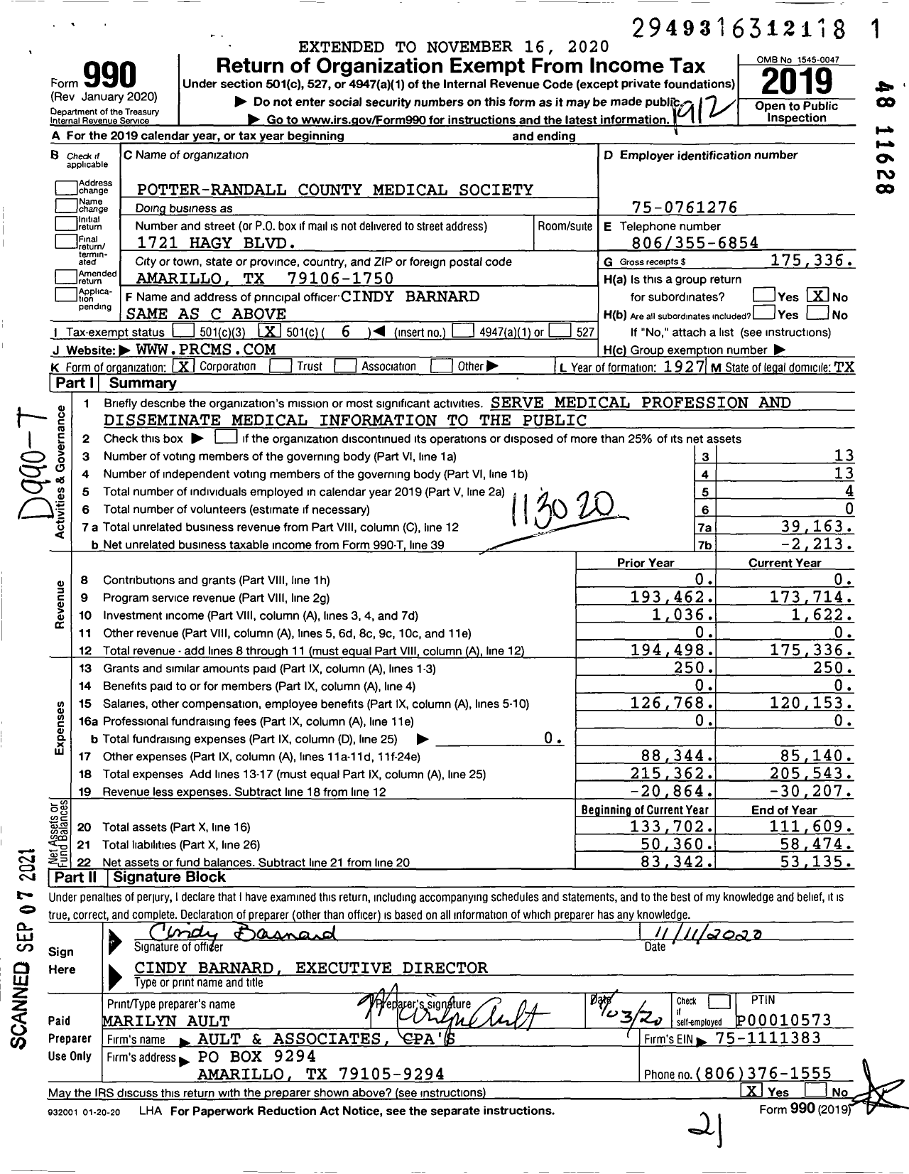 Image of first page of 2019 Form 990O for Potter-Randall County Medical Society