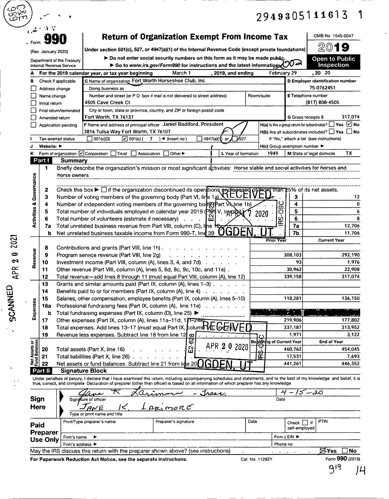 Image of first page of 2019 Form 990O for Fort Worth Horseshoe Club