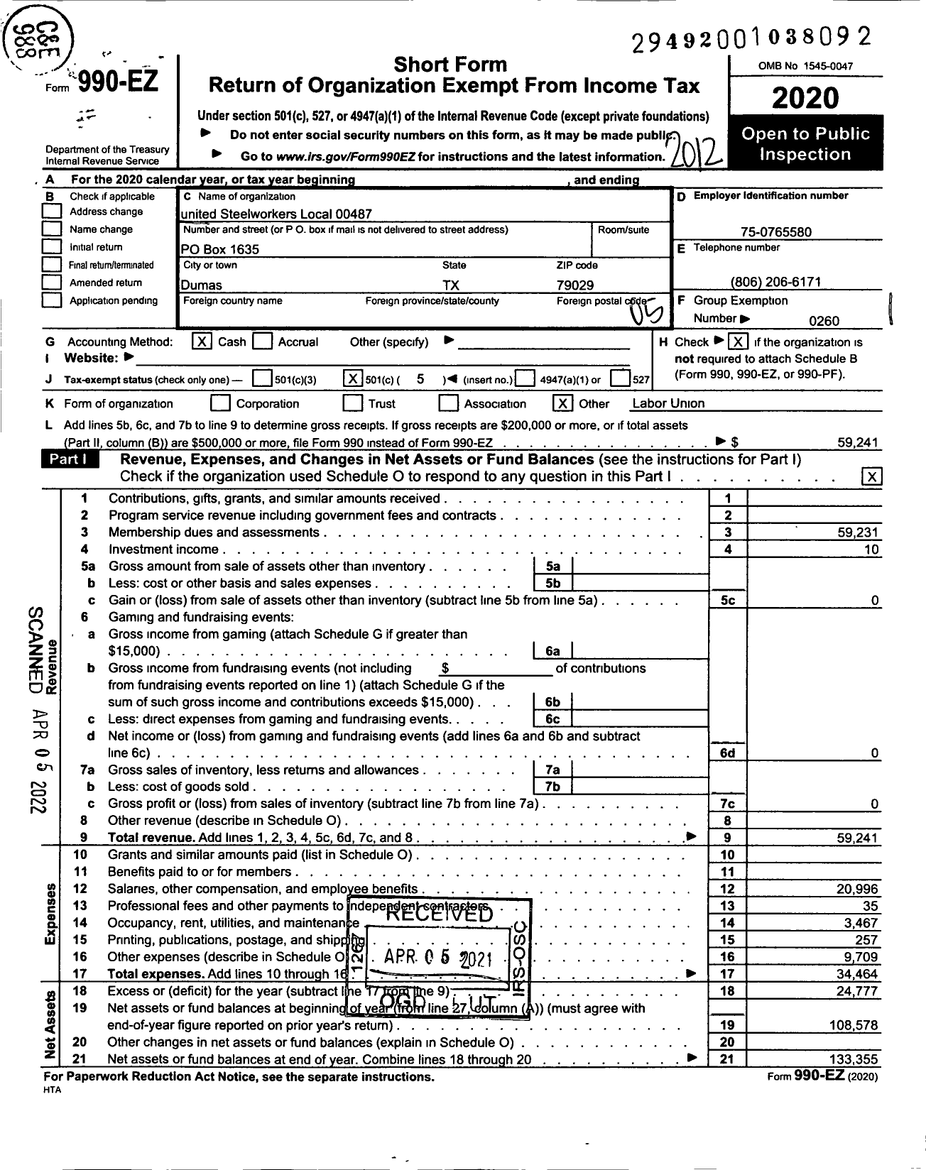 Image of first page of 2020 Form 990EO for United Steelworkers - 00487 Local