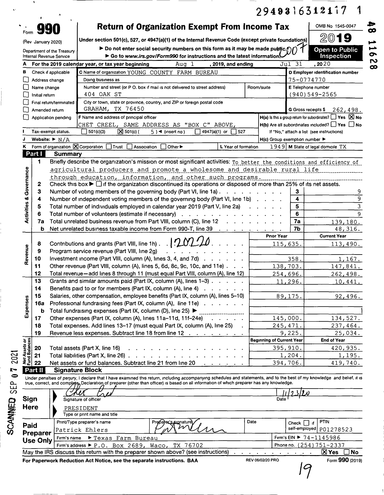 Image of first page of 2019 Form 990O for Young County Farm Bureau