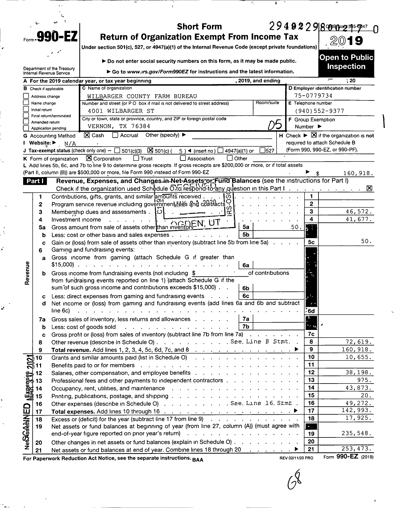 Image of first page of 2019 Form 990EO for Wilbarger County Farm Bureau