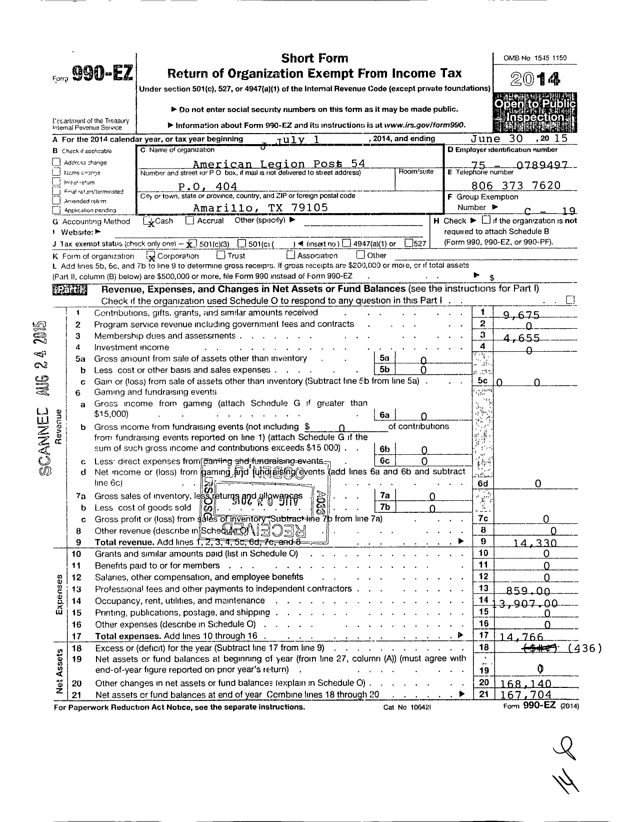Image of first page of 2014 Form 990EZ for American Legion - 54 Hanson