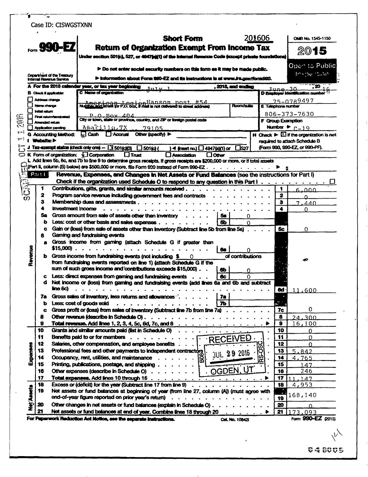 Image of first page of 2015 Form 990EZ for American Legion - 54 Hanson
