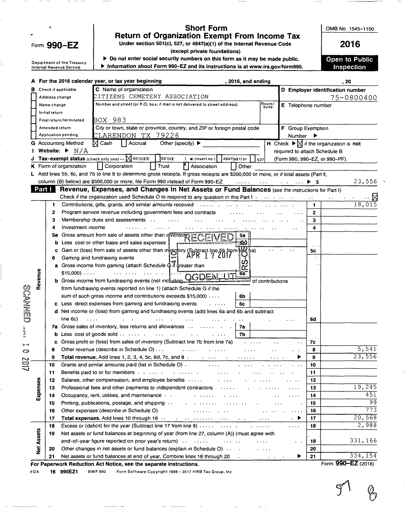 Image of first page of 2016 Form 990EZ for Citizens Cemetery Association