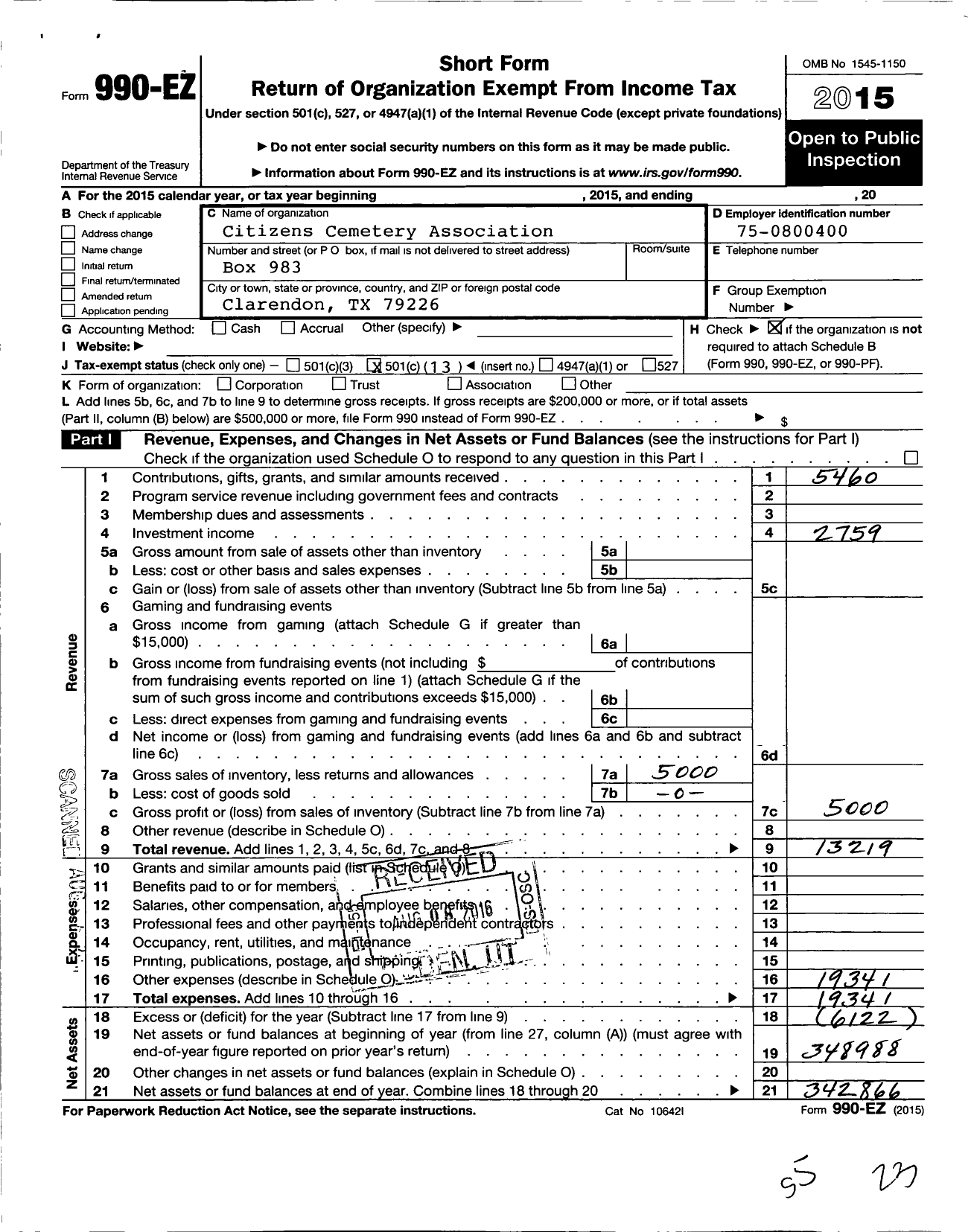 Image of first page of 2015 Form 990EO for Citizens Cemetery Association