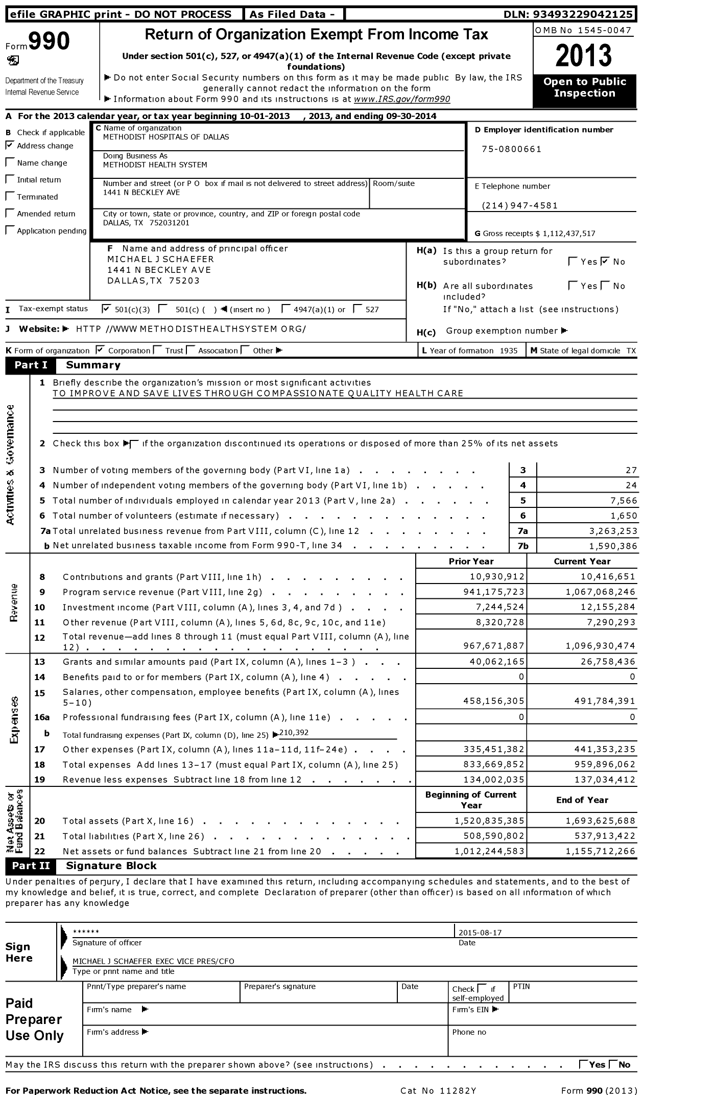 Image of first page of 2013 Form 990 for Methodist Health System