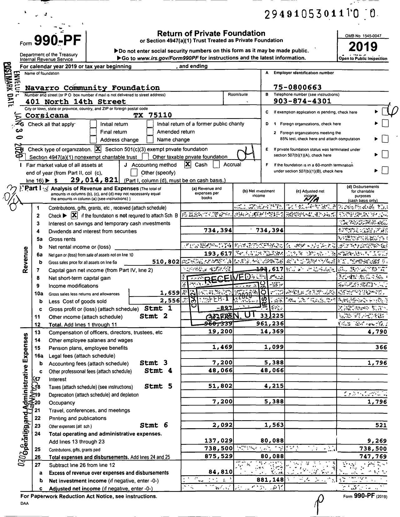 Image of first page of 2019 Form 990PR for Navarro Community Foundation