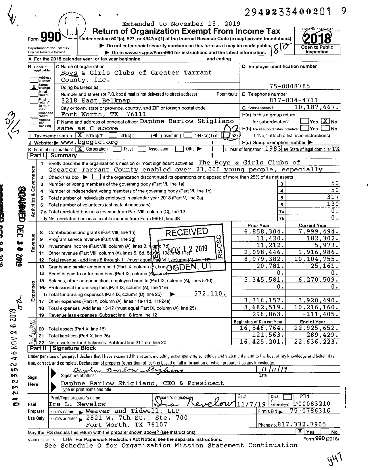 Image of first page of 2018 Form 990 for Boys and Girls Clubs of Greater Tarrant County