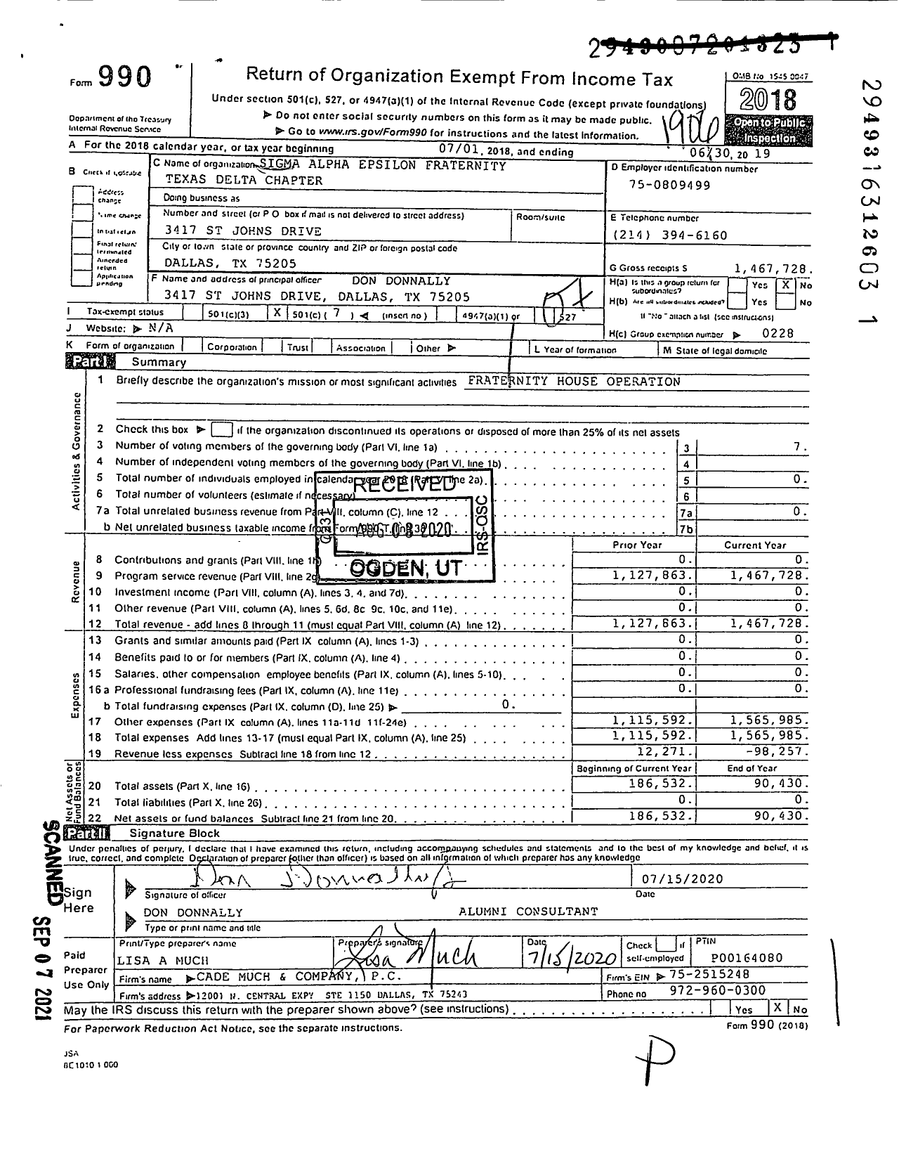 Image of first page of 2018 Form 990O for Sigma Alpha Epsilon Fraternity - Texas Delta Chapter