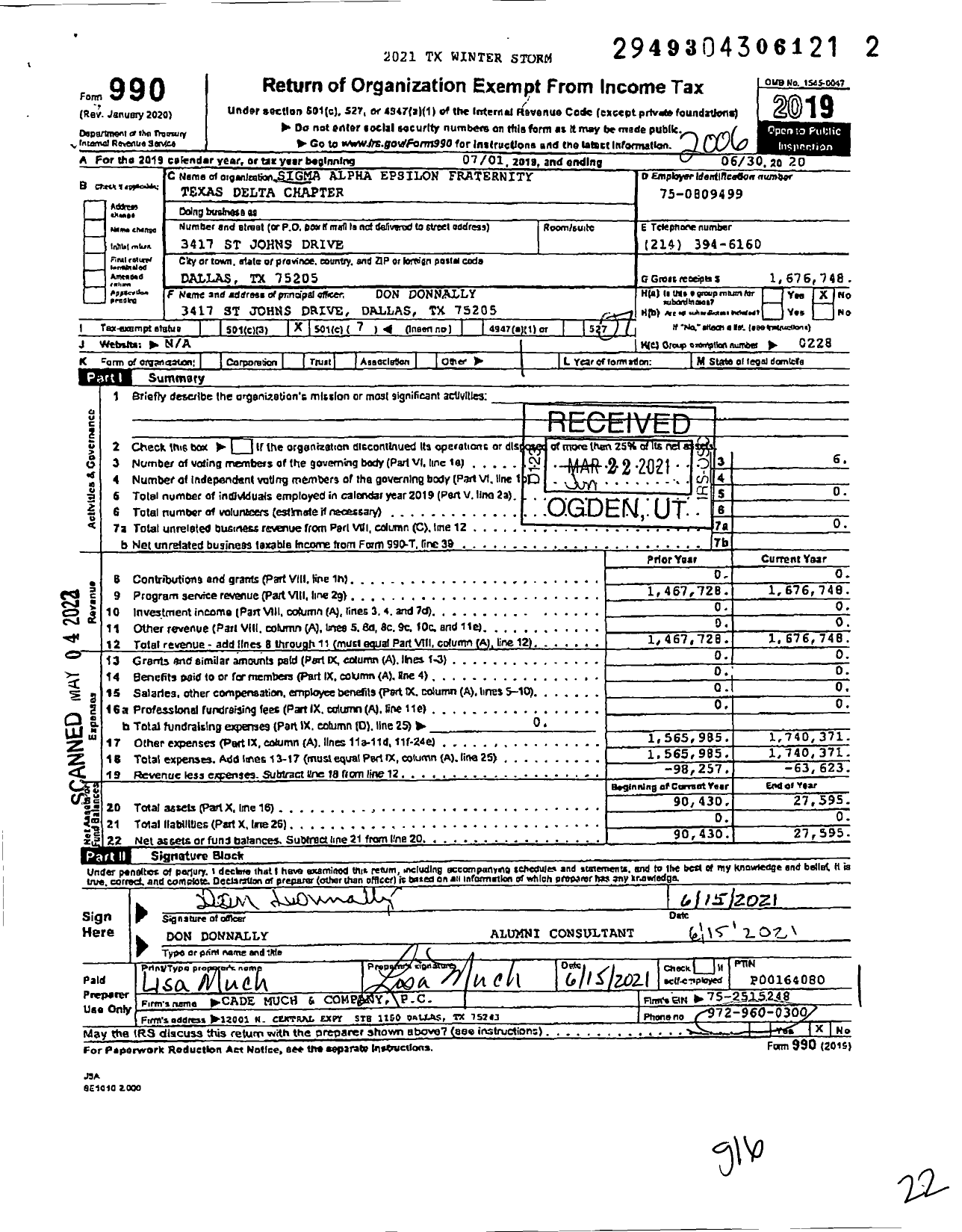 Image of first page of 2019 Form 990O for Sigma Alpha Epsilon Fraternity - Texas Delta Chapter