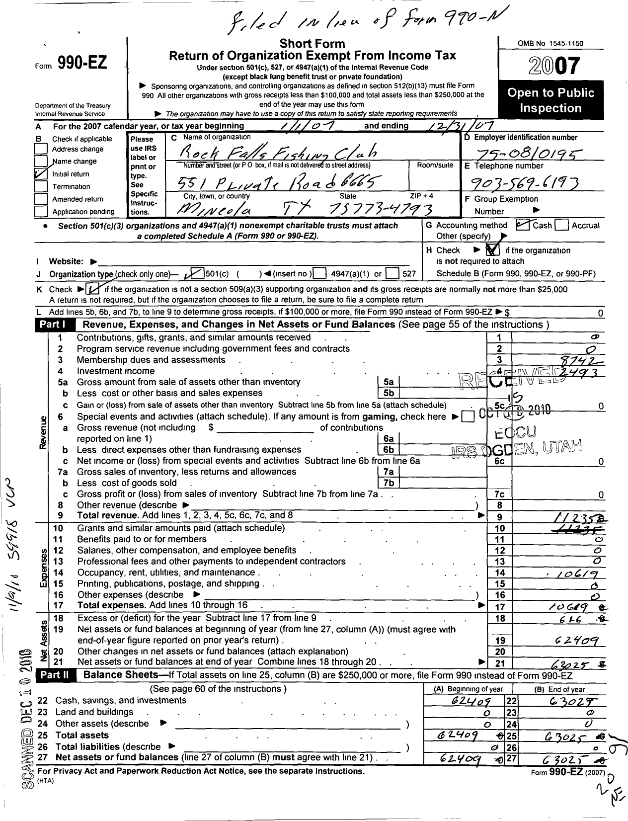 Image of first page of 2007 Form 990EO for Rock Falls Fishing Club