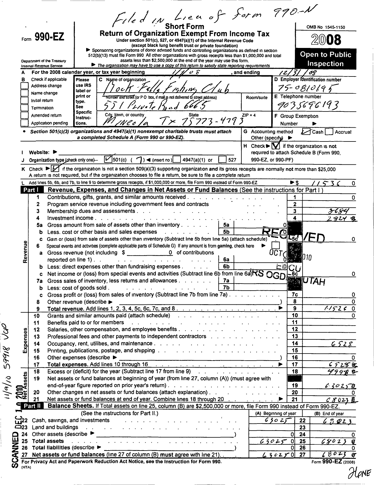 Image of first page of 2008 Form 990EO for Rock Falls Fishing Club