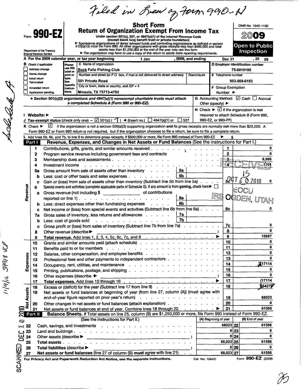 Image of first page of 2009 Form 990EO for Rock Falls Fishing Club