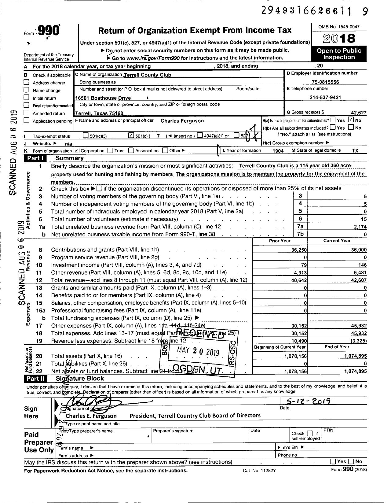 Image of first page of 2018 Form 990O for Terrell Country Club