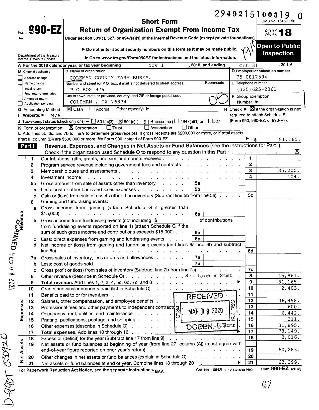 Image of first page of 2018 Form 990EO for Coleman County Farm Bureau