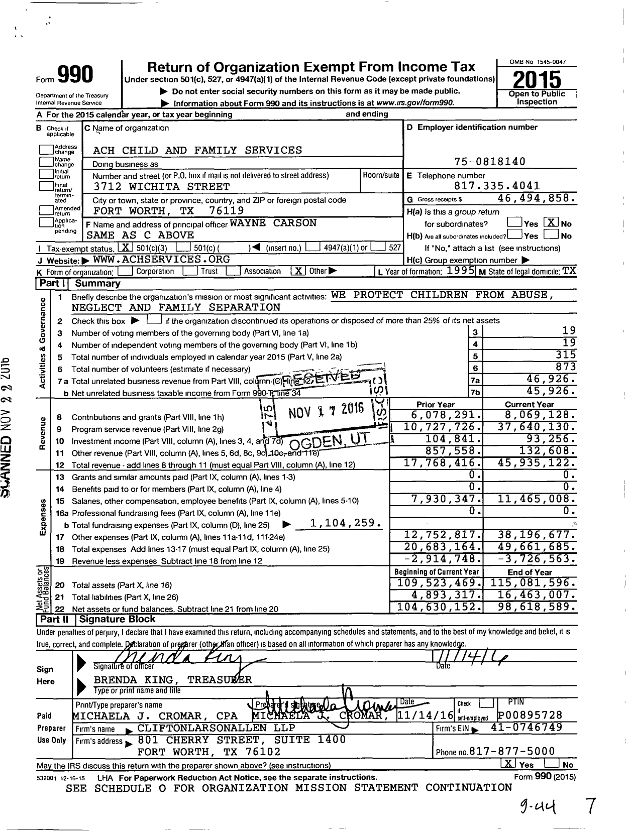 Image of first page of 2015 Form 990 for ACH Child and Family Services