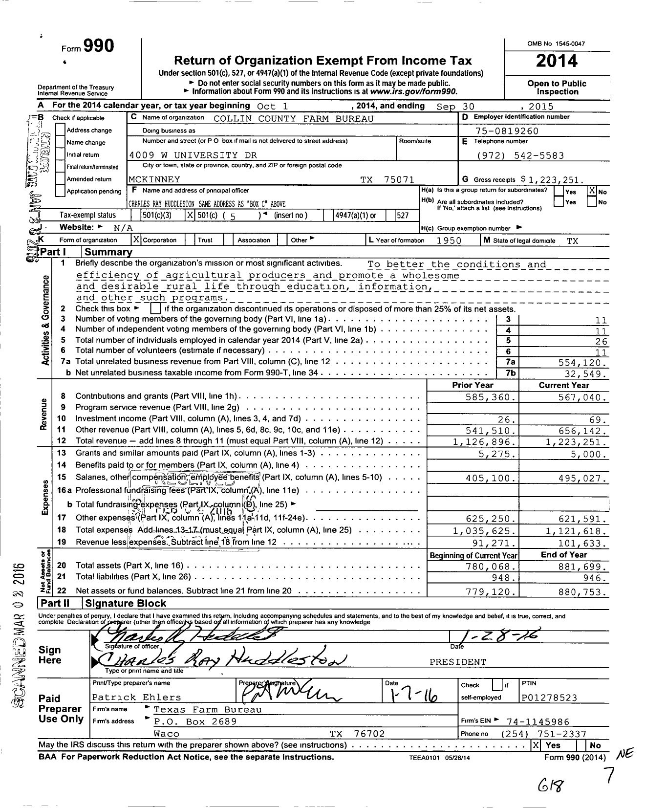 Image of first page of 2014 Form 990O for Collin County Farm Bureau