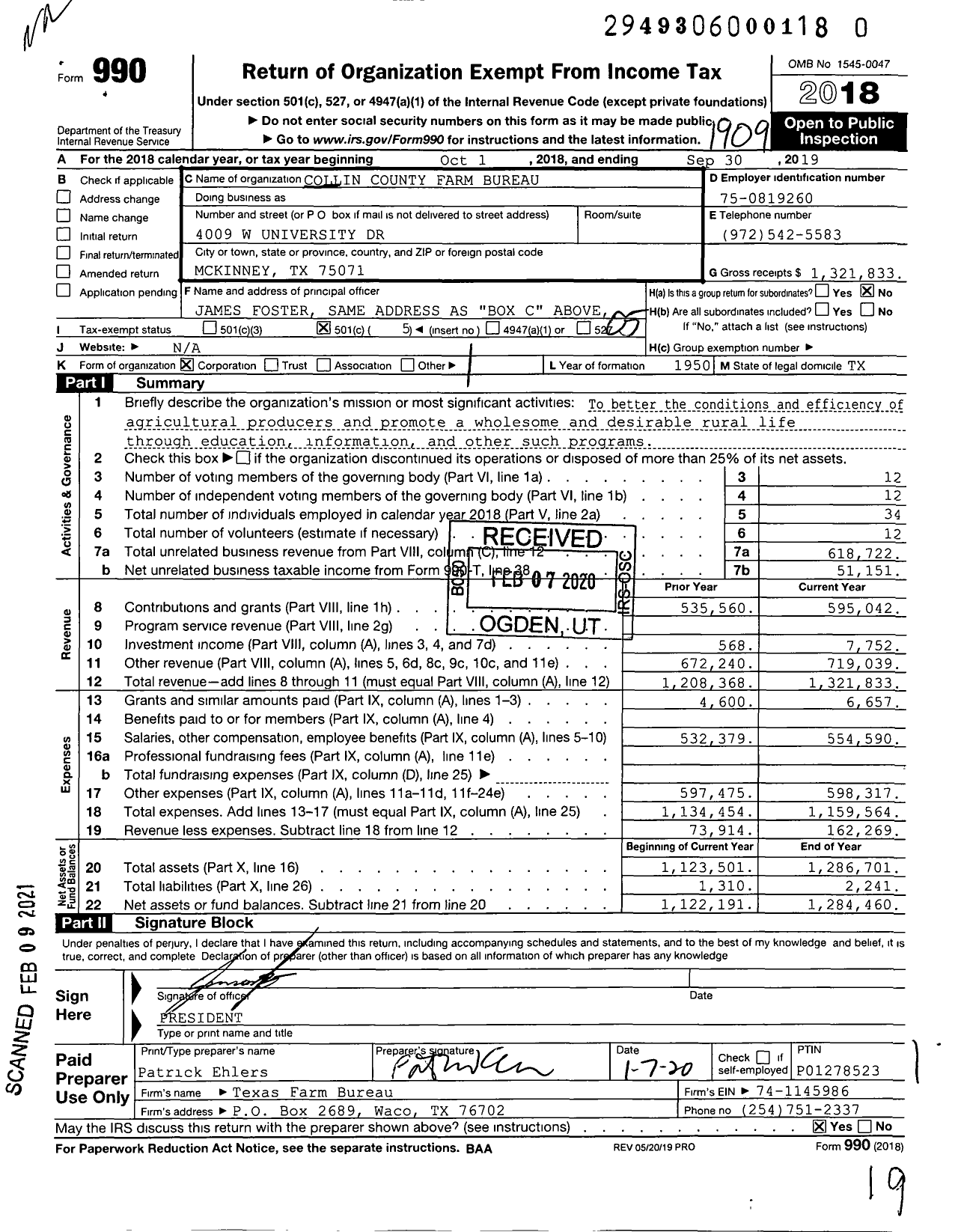 Image of first page of 2018 Form 990O for Collin County Farm Bureau
