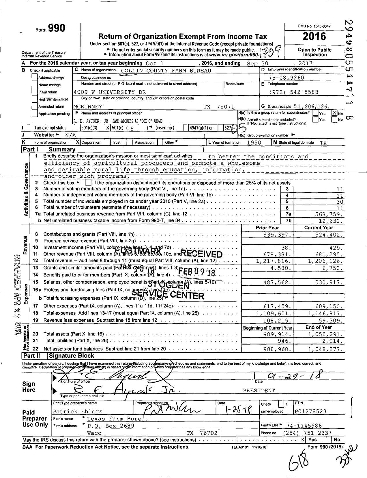 Image of first page of 2016 Form 990O for Collin County Farm Bureau