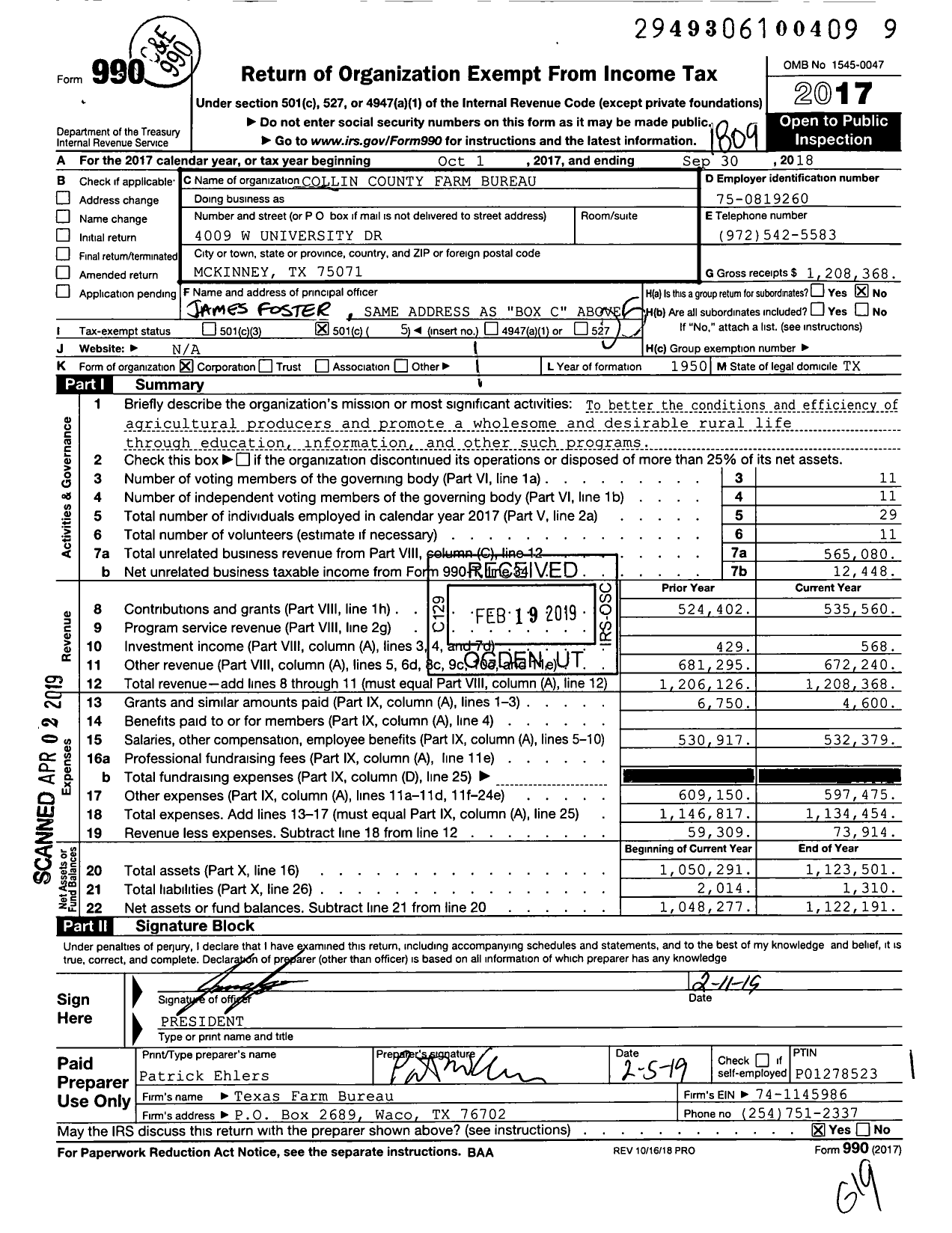Image of first page of 2017 Form 990O for Collin County Farm Bureau